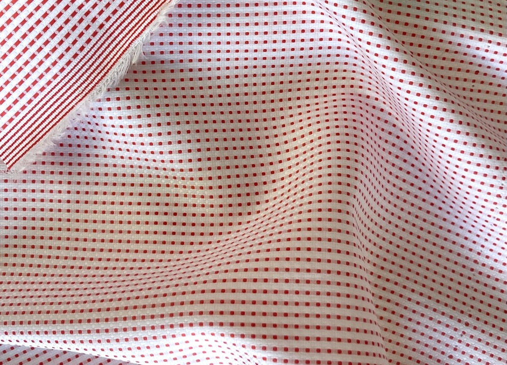 Luscious Cherry Micro-Squares on Bright White Cotton Jacquard Shirting (Made in Italy)