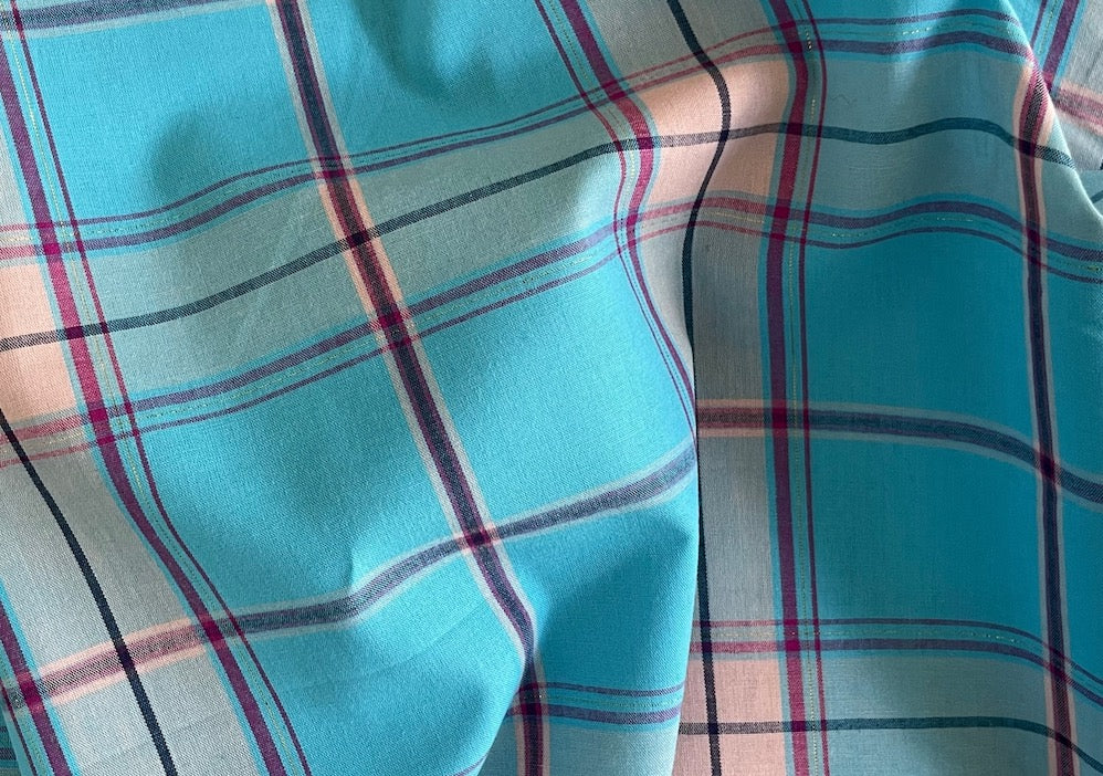 Light-Weight Summery Turquoise, Peach Sherbet, Cerise & Gold Metallic Plaid Cotton (Made in Italy)