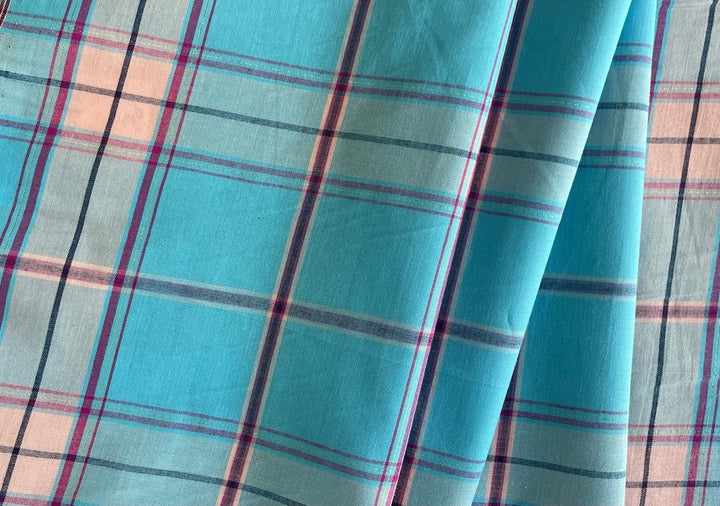 Light-Weight Summery Turquoise, Peach Sherbet, Cerise & Gold Metallic Plaid Cotton (Made in Italy)