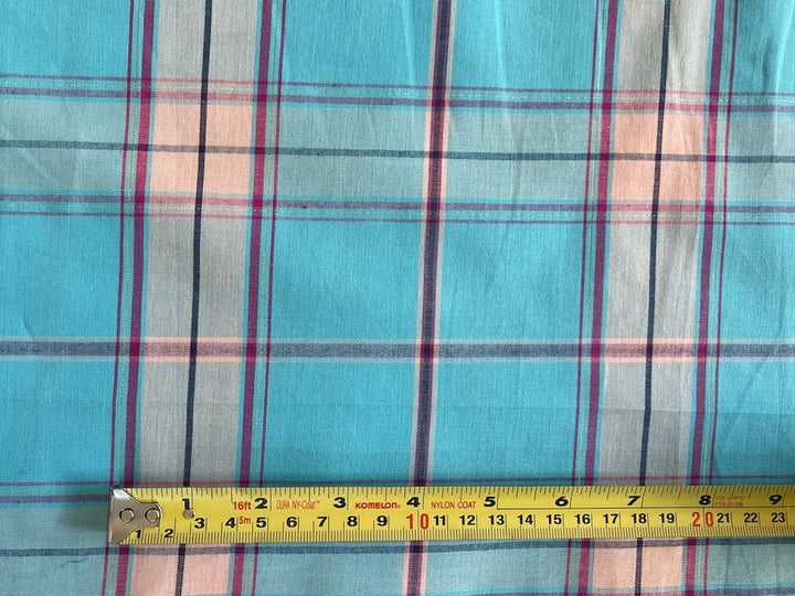 Light-Weight Summery Turquoise, Peach Sherbet, Cerise & Gold Metallic Plaid Cotton (Made in Italy)