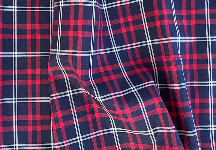 Handsome  Amaranth, Navy & Cloud White Plaid Pima Cotton Shirting (Made in Italy)