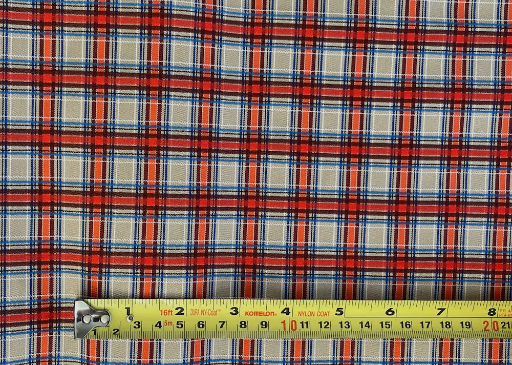 Tangerine Flame, Sapphire, Camel & Walnut Stretch Plaid Cotton Suiting (Made in Italy)