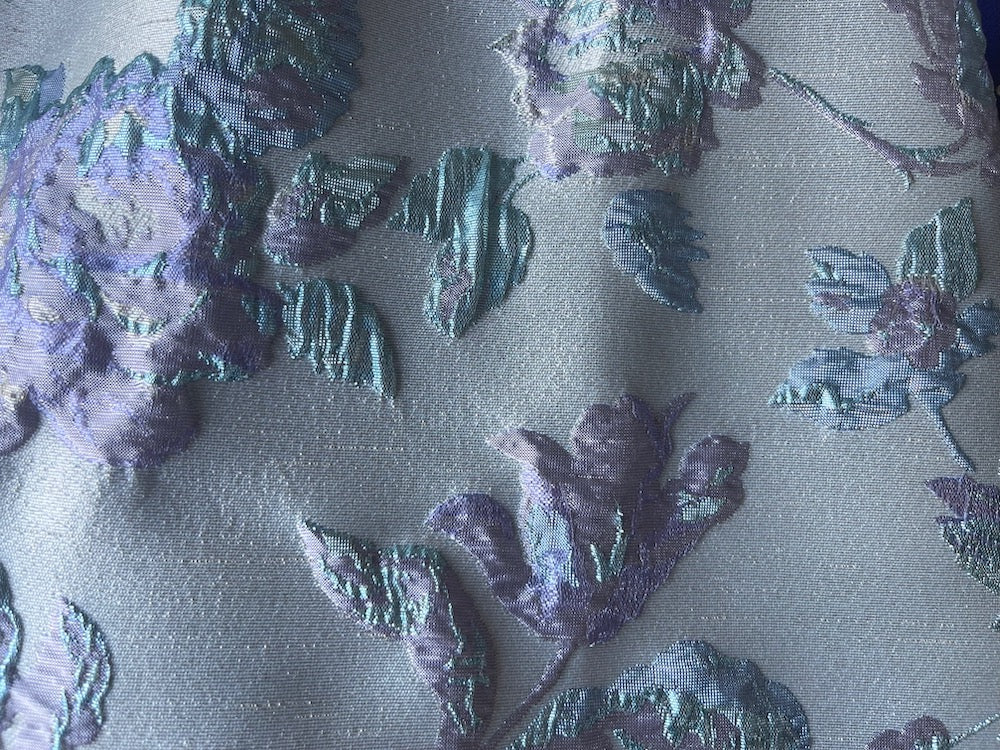 Magical Metallic Powder Blue & Lavender Roses on Silvery Ice White Brocade (Made in Italy)