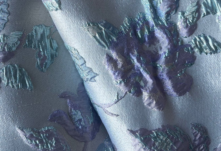 Magical Metallic Powder Blue & Lavender Roses on Silvery Ice White Brocade (Made in Italy)