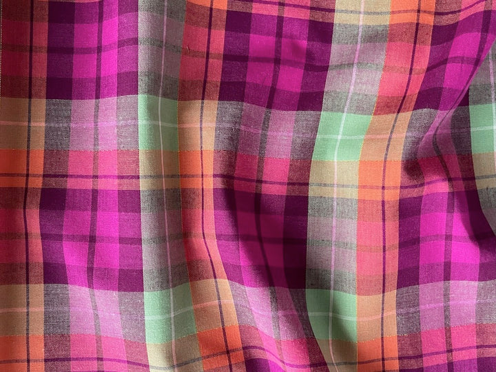 Magenta, Cantaloupe, Minted Seafoam & Gold Metallic Plaid Cotton (Made in Italy)