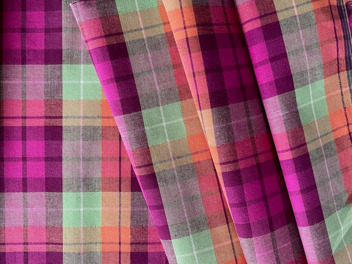 Magenta, Cantaloupe, Minted Seafoam & Gold Metallic Plaid Cotton (Made in Italy)
