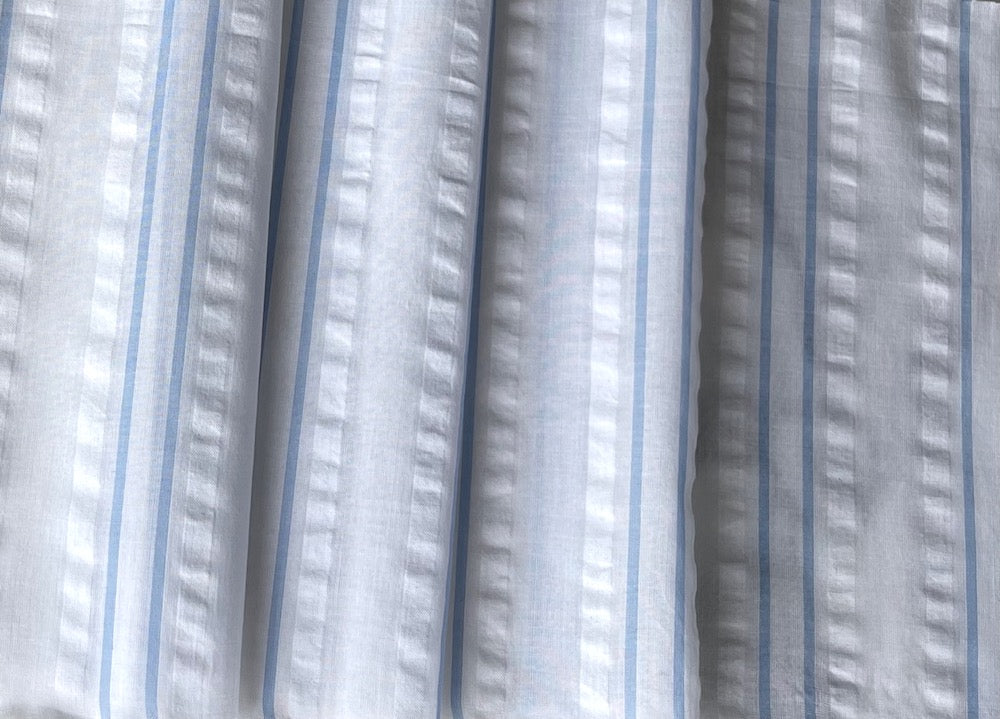 Sky Blue  & Cloud White Striped Cotton Seersucker (Made in Italy)