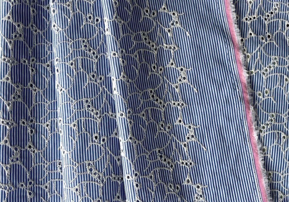 Light-Weight Floral Motifs on Blue & White Striped Cotton Eyelet (Made in Italy)