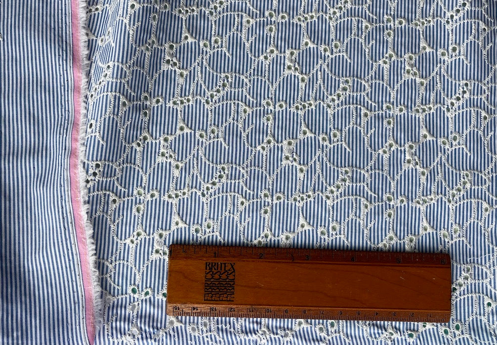 Light-Weight Floral Motifs on Blue & White Striped Cotton Eyelet (Made in Italy)