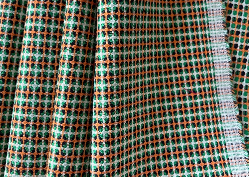 Bonotto Tangerine & Grass Green Geometric Grid Stretch Cotton (Made in Italy)