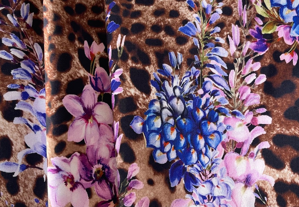 Vivid Tropical Blooms & Cheetah Stretch Cotton Sateen (Made in Italy)