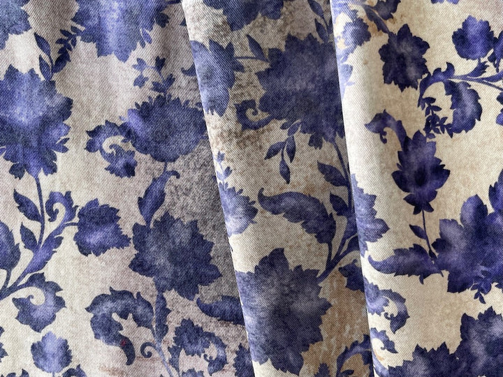 Indigo Plum Foliage Silhouettes Stretch Cotton Twill (Made in Italy)