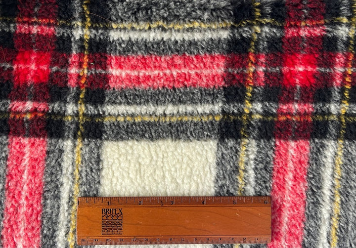 Plush Cherry, Black & Ivory Tartan Polyester Blend Sherpa (Made in Italy)
