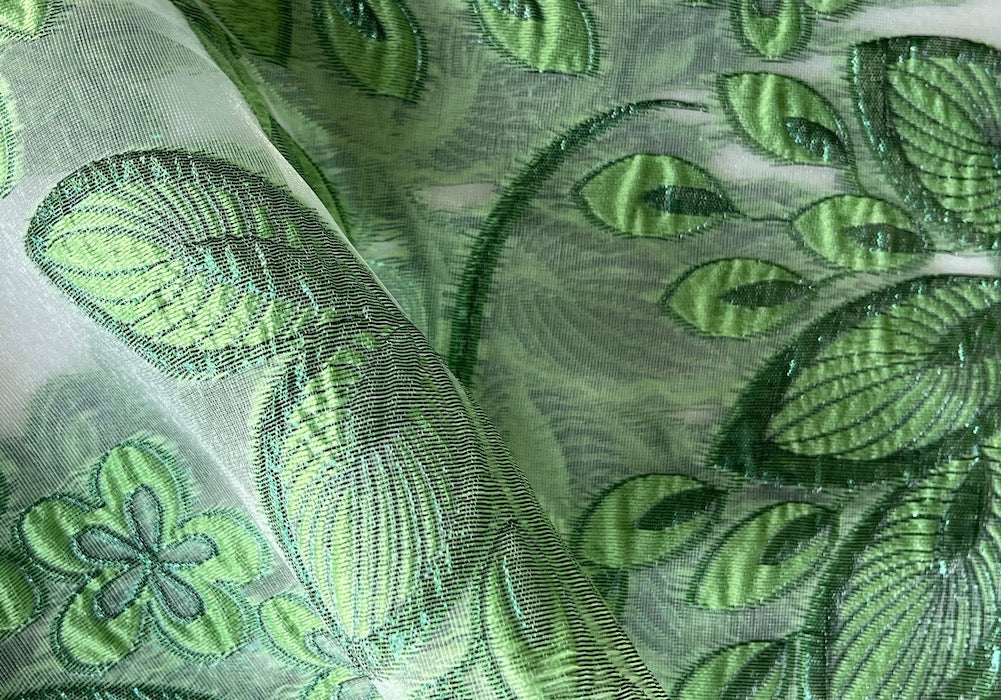 Shimmering Fern & Pear Green Embroidered Foliage on Ivory Polyester Organza (Made in Italy)