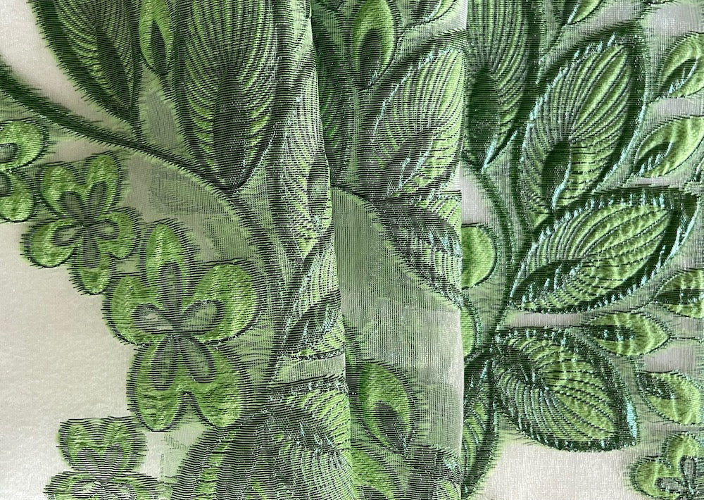 Shimmering Fern & Pear Green Embroidered Foliage on Ivory Polyester Organza (Made in Italy)