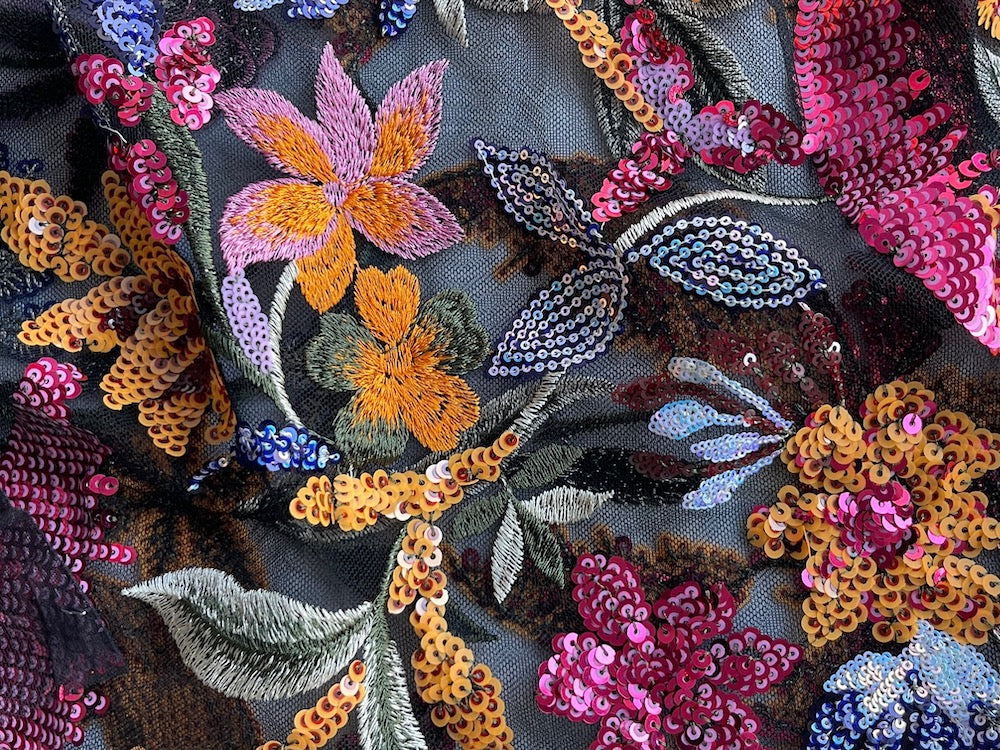 Sequined Lush Gauguin's Garden on Onyx Polyester Mesh (Made in Italy)