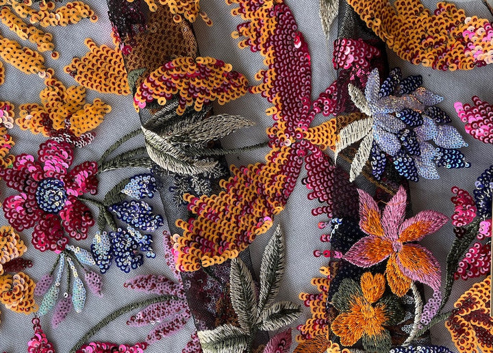Sequined Lush Gauguin's Garden on Onyx Polyester Mesh (Made in Italy)