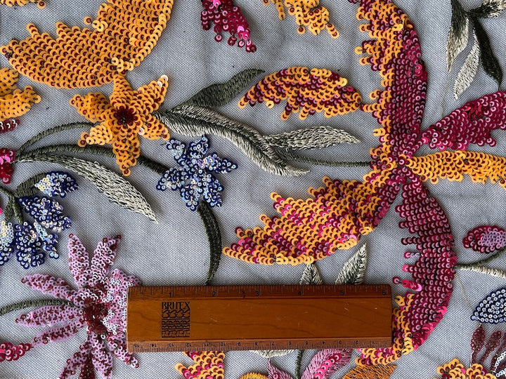 Sequined Lush Gauguin's Garden on Onyx Polyester Mesh (Made in Italy)
