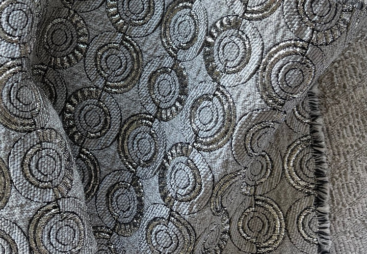 Art Deco-Inspired Sophisticated Taupe, Metallic Platinum & Onyx Silk Blend Brocade (Made in Italy)