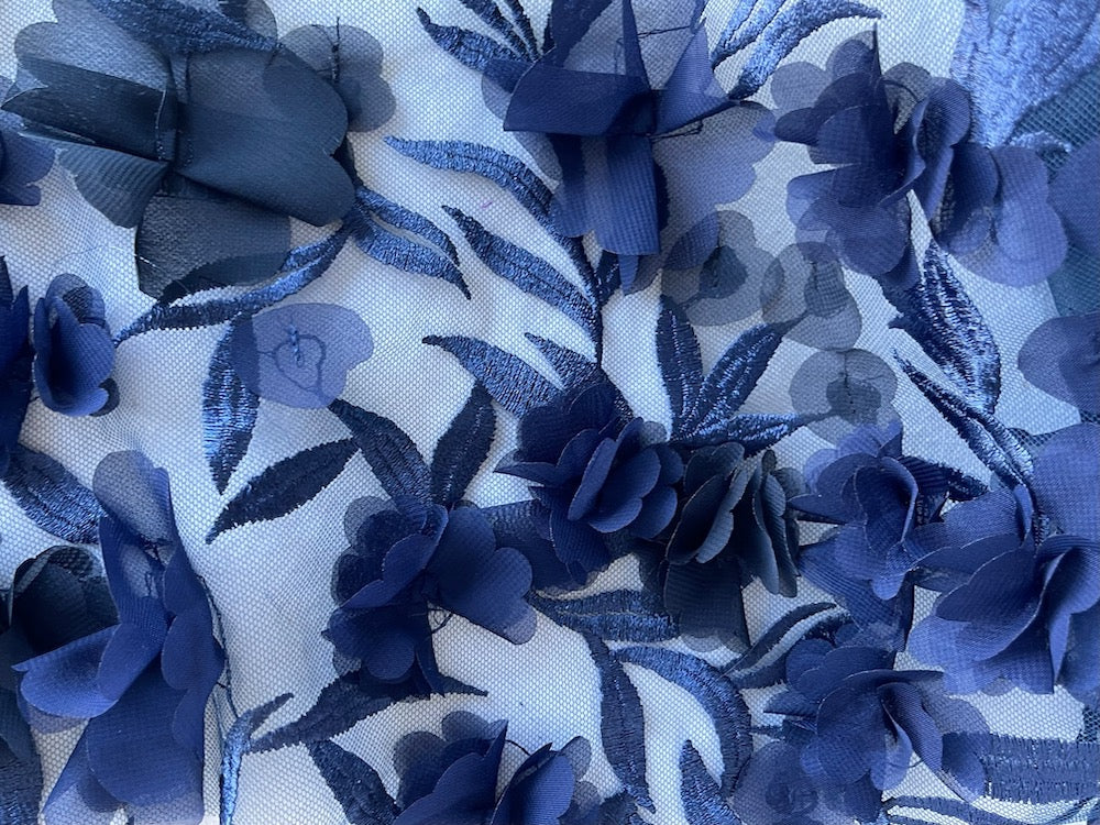 Sapphire Fluttering 3-D Flowers & Embroidery Polyester Mesh (Made in Italy)