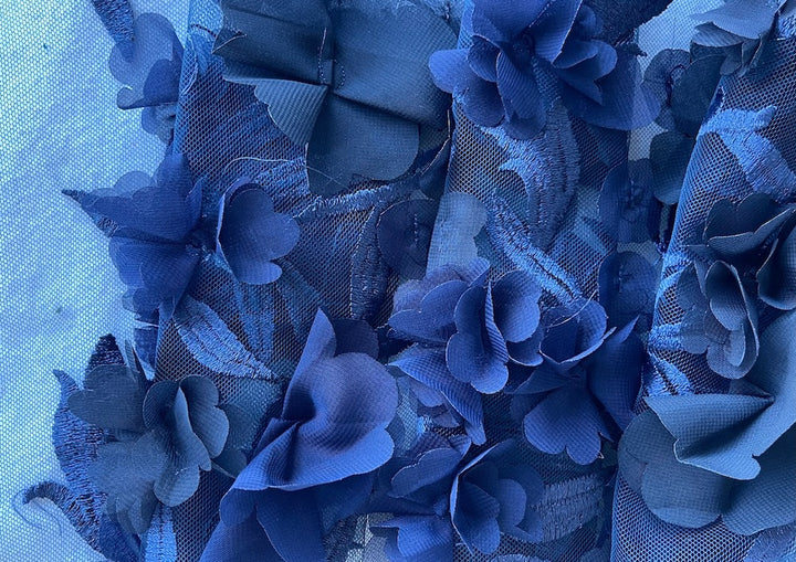 Sapphire Fluttering 3-D Flowers & Embroidery Polyester Mesh (Made in Italy)