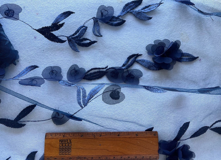 Sapphire Fluttering 3-D Flowers & Embroidery Polyester Mesh (Made in Italy)