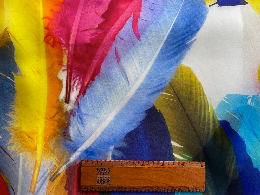 Over-sized Tumbling Rainbow Feathers on Cloud White Silk Organza  (Made in Italy)