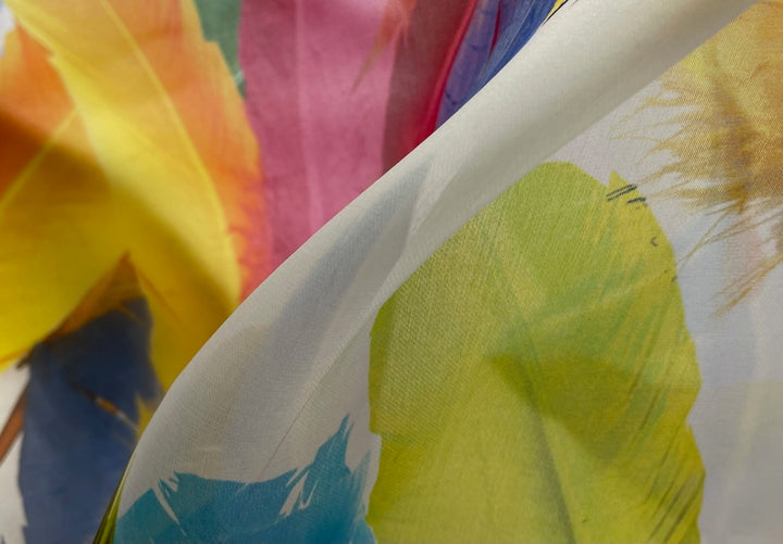 Over-sized Tumbling Rainbow Feathers on Cloud White Silk Organza  (Made in Italy)