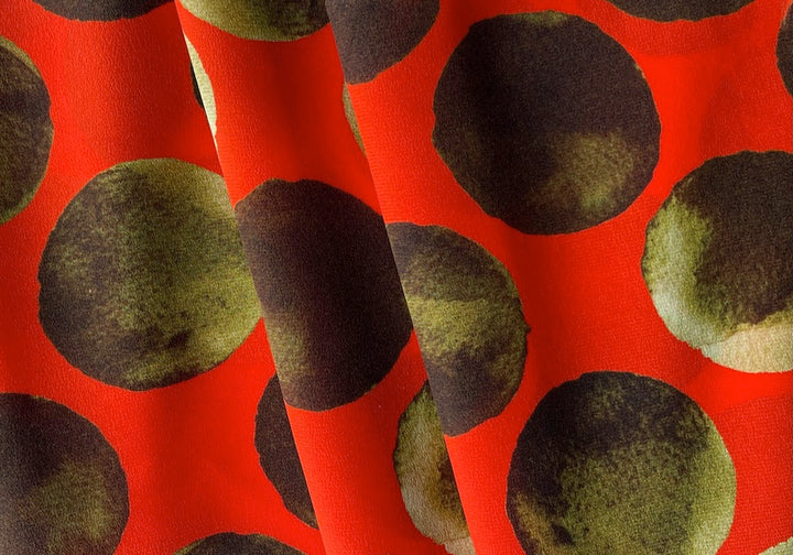 Moss Magical Moons on Unworldly Vermilion Silk Crepe (Made in Italy)