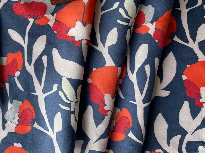 Delightful Carmine & Vermilion Poppies on Stone Blue Silk Twill (Made in Italy)