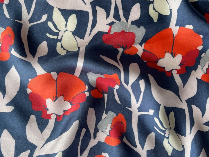 Delightful Carmine & Vermilion Poppies on Stone Blue Silk Twill (Made in Italy)