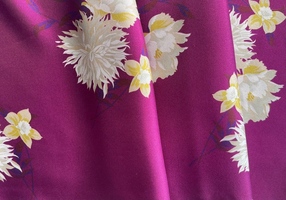Pearl White Chrysanthemums & Creamy Daffodils on Fandango Silk Twill (Made in Italy)