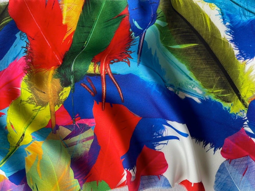 Dramatic Disheveled Vibrant Dyed Feathers on Bright White Polyester Twill (Made in Italy)