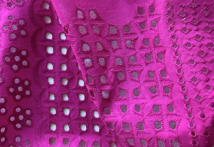 Sultry Hot Pink Stripes, Scallops & Eyelets Embroidered Cotton Eyelet (Made in Italy)