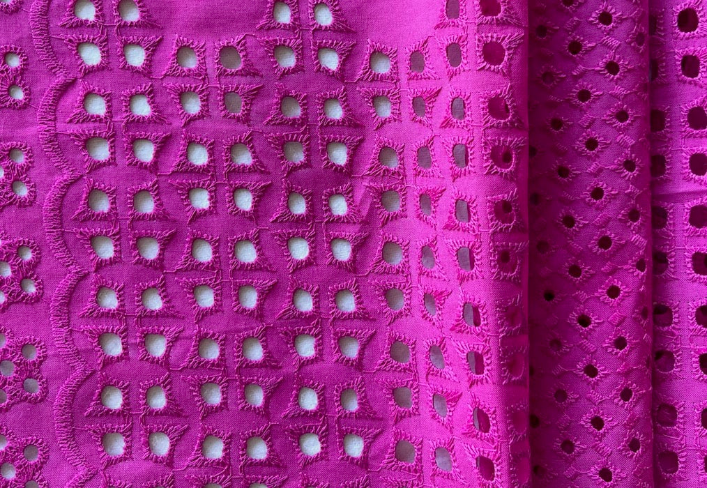 Sultry Hot Pink Stripes, Scallops & Eyelets Embroidered Cotton Eyelet (Made in Italy)