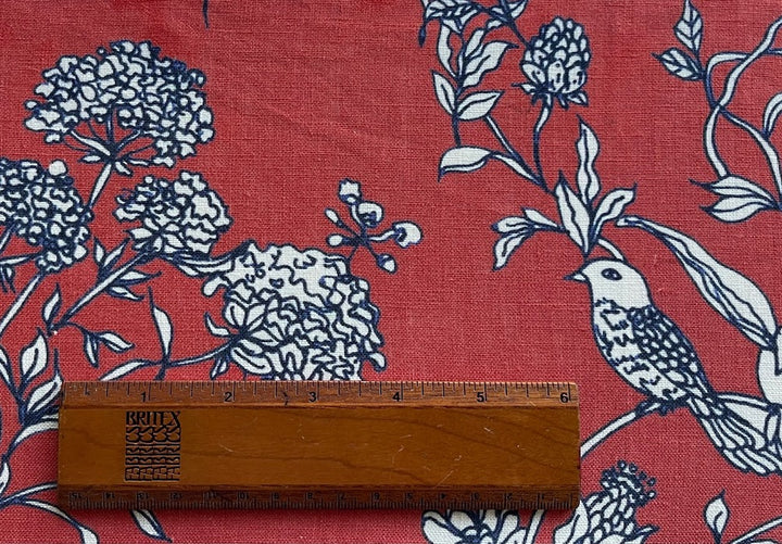 Charming Navy Sparrows & Flowers on Brick Red Linen (Made in Italy)