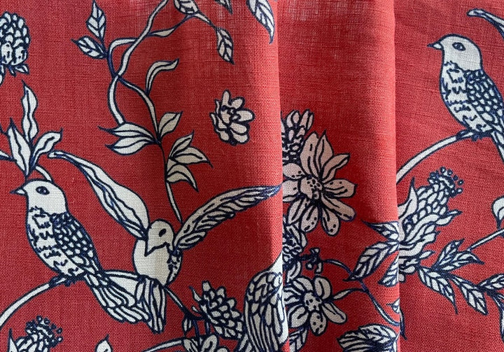 Charming Navy Sparrows & Flowers on Brick Red Linen (Made in Italy)