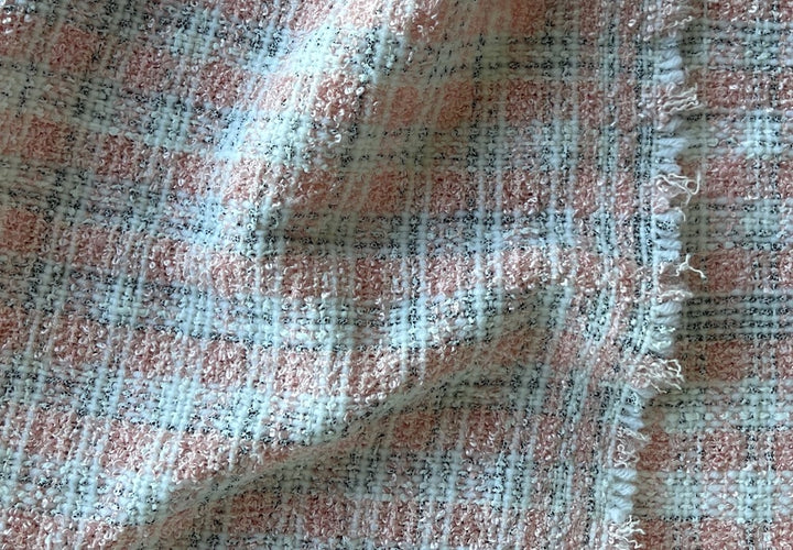 Couture Sweetly Elegant Ballet Pink & White Plaid Cotton Blend Bouclé Suiting (Made in Italy)