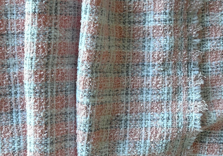 Couture Sweetly Elegant Ballet Pink & White Plaid Cotton Blend Bouclé Suiting (Made in Italy)