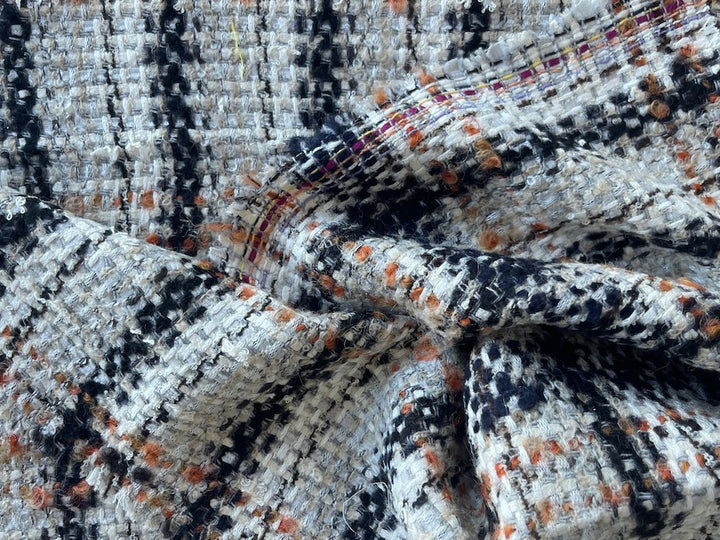 Airy Persimmon, Iced Cream & Onyx Plaid Wool Blend Bouclé (Made in Italy)