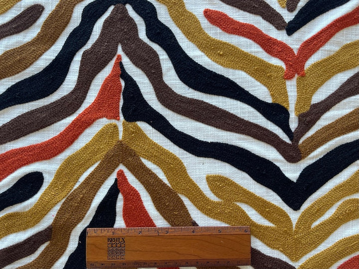 Midcentury-Inspired Embroidered Autumnal Zebra Stripes Cotton Home Decorating Fabric