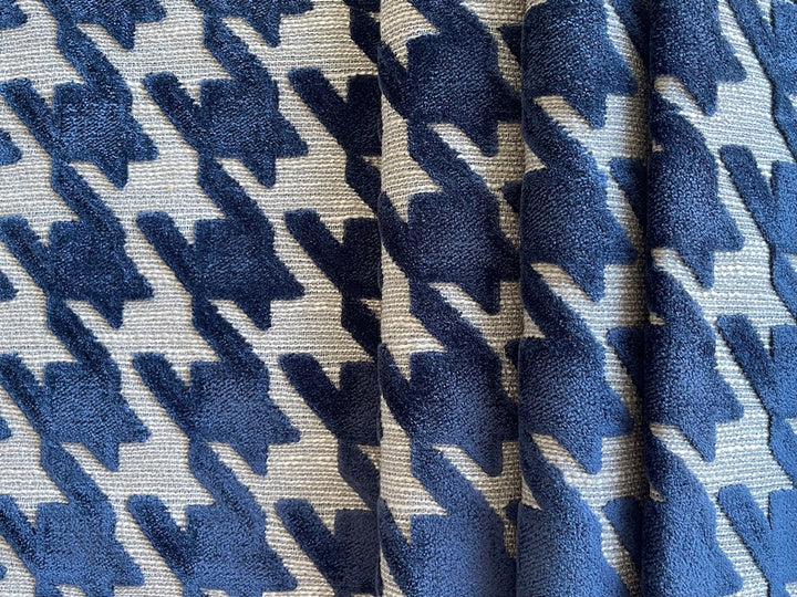 Menswear-Influenced Space Blue Velvet Hounds-Tooth on Fog Grey Polyester Blend