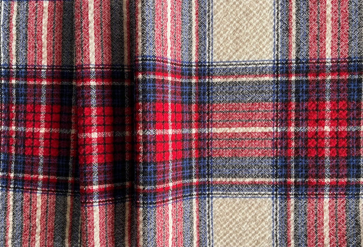 Light-Weight Cobalt, Crimson & Cream Crinkled Stretch Wool Plaid (Made in Italy)