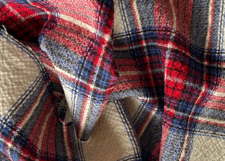 Light-Weight Cobalt, Crimson & Cream Crinkled Stretch Wool Plaid (Made in Italy)