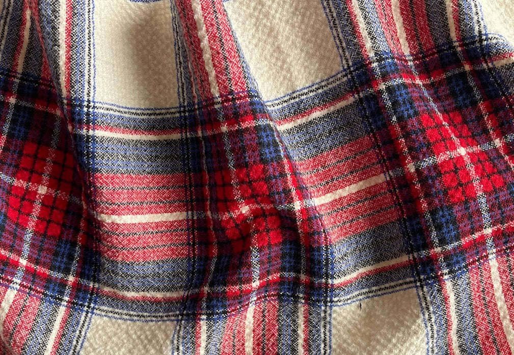 Light-Weight Cobalt, Crimson & Cream Crinkled Stretch Wool Plaid (Made in Italy)