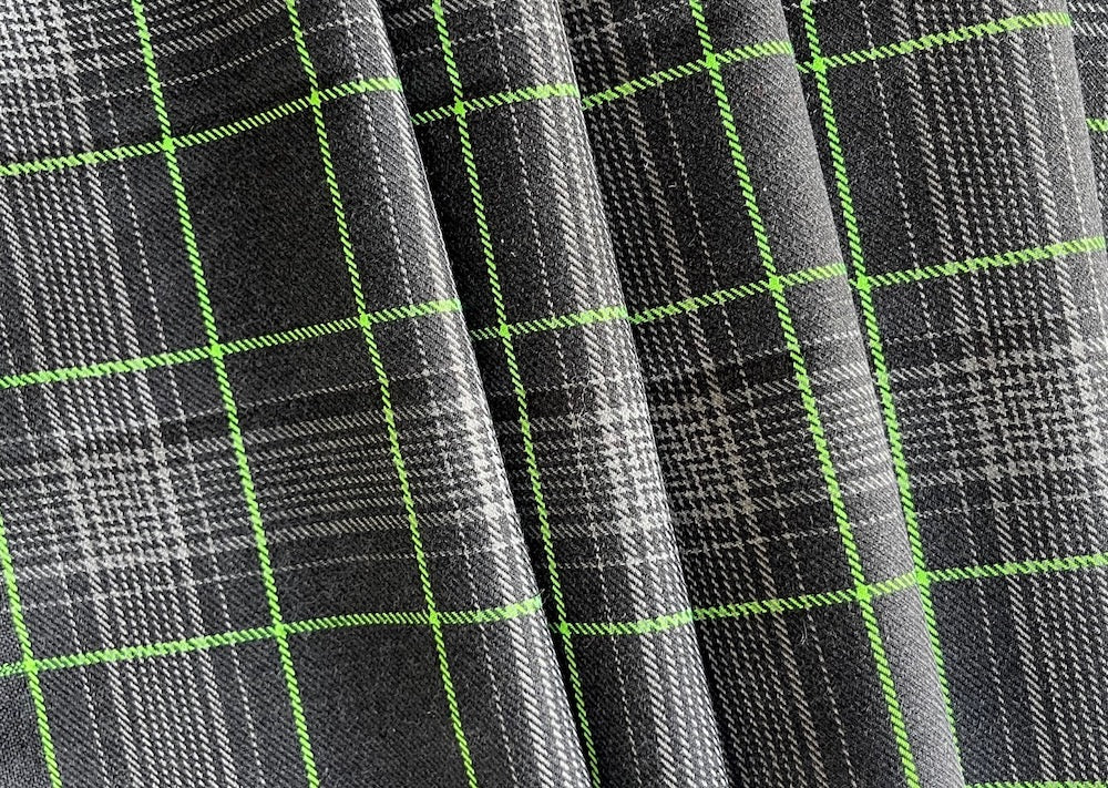 Mid-Weight Shadow & Fog with a Zing of Lime Zest Wool-Cotton Plaid (Made in Italy)