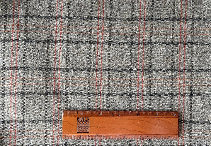 Lanificio di Pray Mid-Weight Understated Elegance Greige & Vermilion Wool Tweed Plaid (Made in Italy)