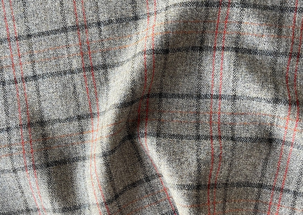 Lanificio di Pray Mid-Weight Understated Elegance Greige & Vermilion Wool Tweed Plaid (Made in Italy)