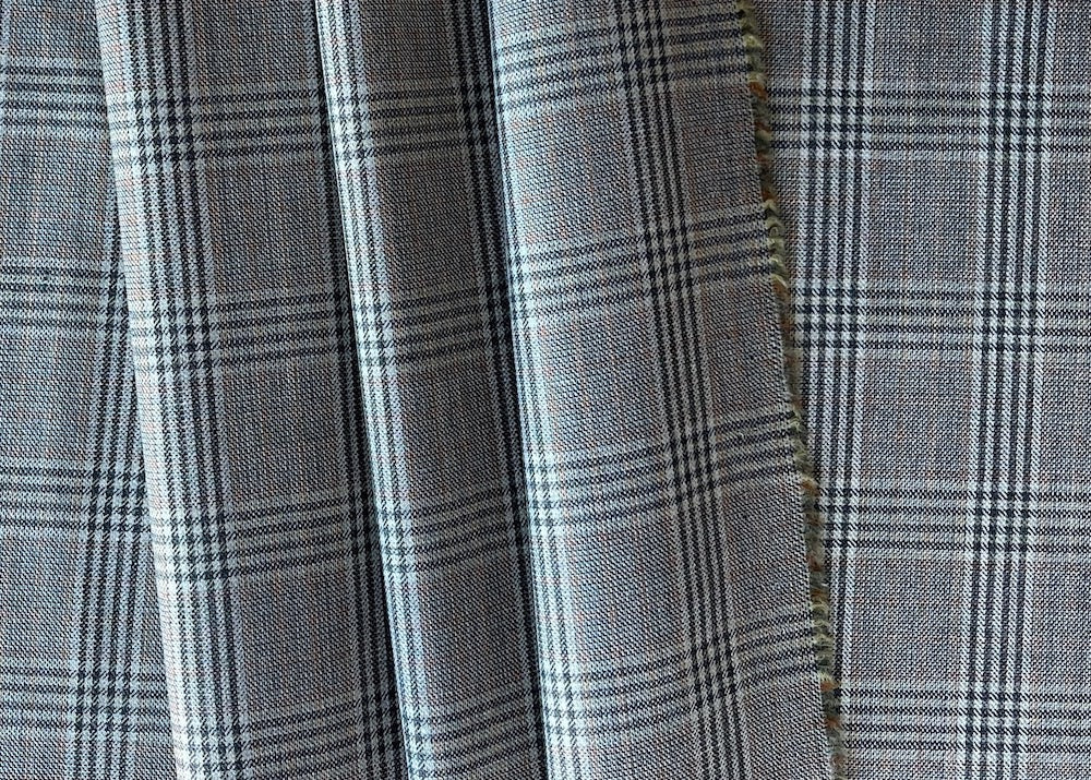 Fratelli Tallia di Delfino Light-Weight Banker's Grey, Cinnamon & Lime Leaf  Wool Glen Plaid Suiting (Made in Italy)