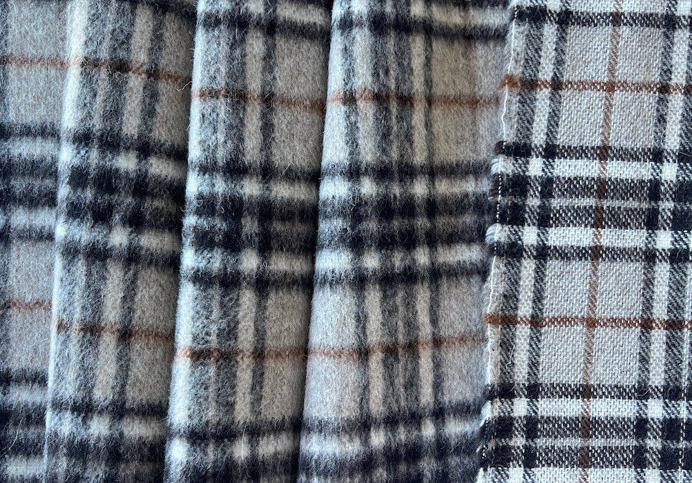 Lighter-Weight Pettable Onyx , Almond & Cinnamon Brushed Wool Blend Plaid (Made in Italy)